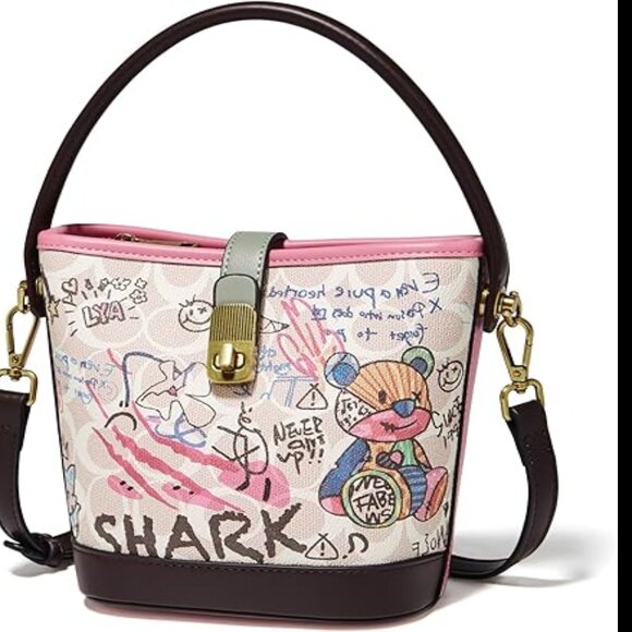 FOXLOVER Faux Leather/Fabric Bucket Small Crossbody Bag with Graffiti - NEW - Picture 1 of 3